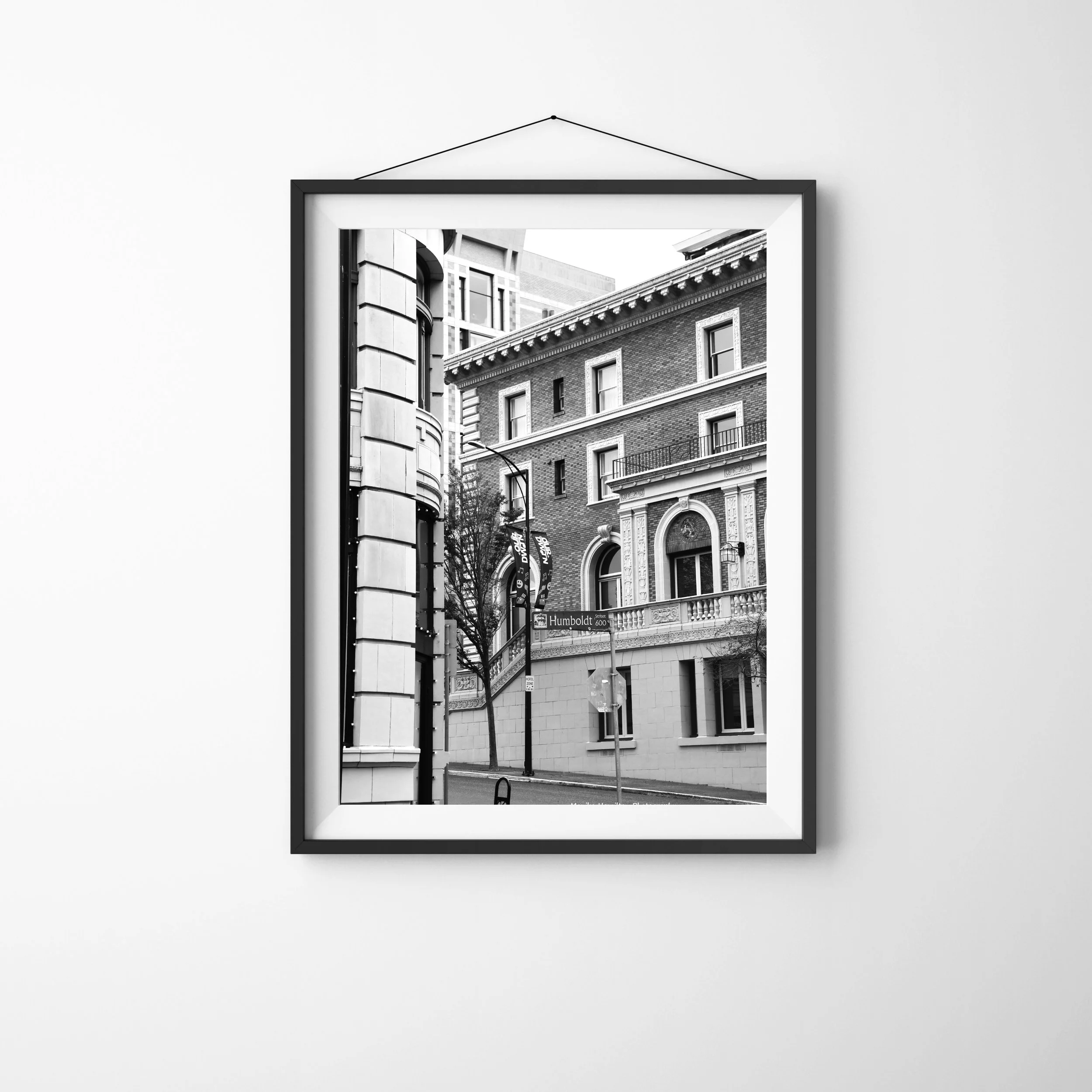 Humboldt Street, Victoria, BC, - black and white photo of classical style buildings with ornate balconies, the Humboldt Street sign, and a street lamp. Monika Hamilton Photography