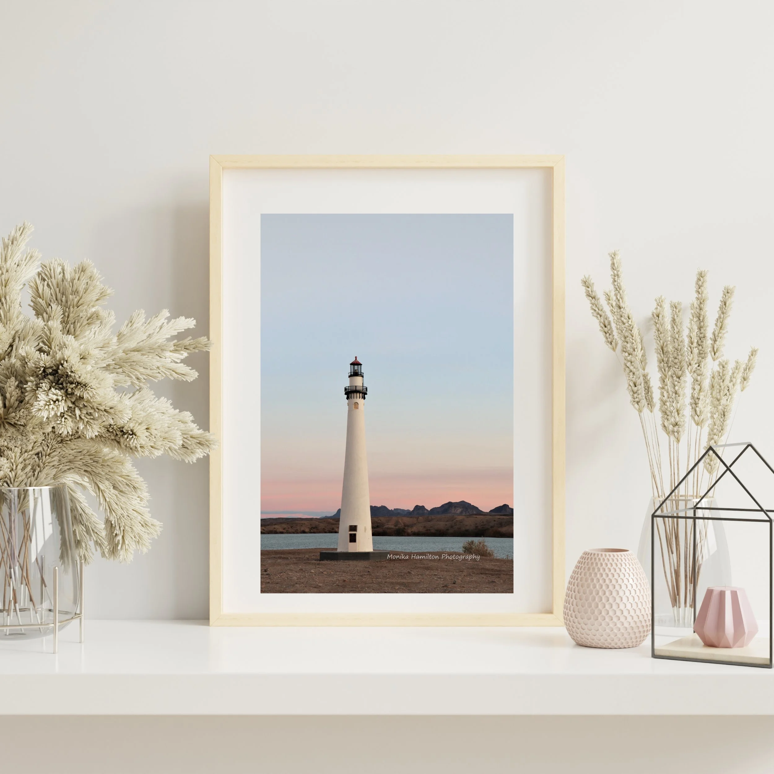 Lake Havasu Lighthouse in Arizona at Sunset - a pastel sky adds to the calm scene of this landscape photograph. This is one of my more popular prints. 