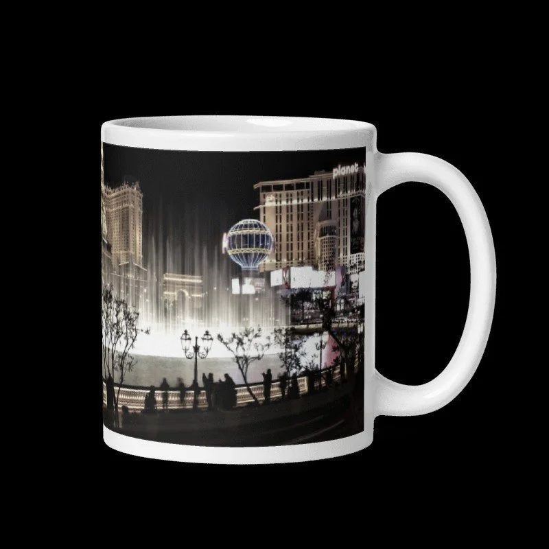 Las Vegas Coffee Cup - lively coffee mug with a picture of the Bellagio Fountains and city scene at night. Available in my Etsy shop. Original photo by Monika Hamilton Photography