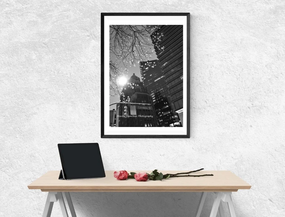 Cordova Street, Vancouver, at Night - vertical black and white cityscape photograph with buildings, a street sign, and lamp post. Part of the Vancouver Night Scenes Collection. Monika Hamilton Photography