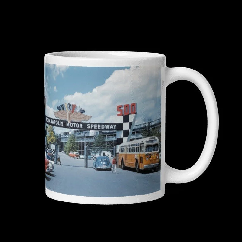 A white mug with a Indianapolis Motor Speedway's Main Gate in 1961 - vintage classic cars, a bus, and signage are featured in this original vintage photo my dad took.  I scanned his original fun retro photo.