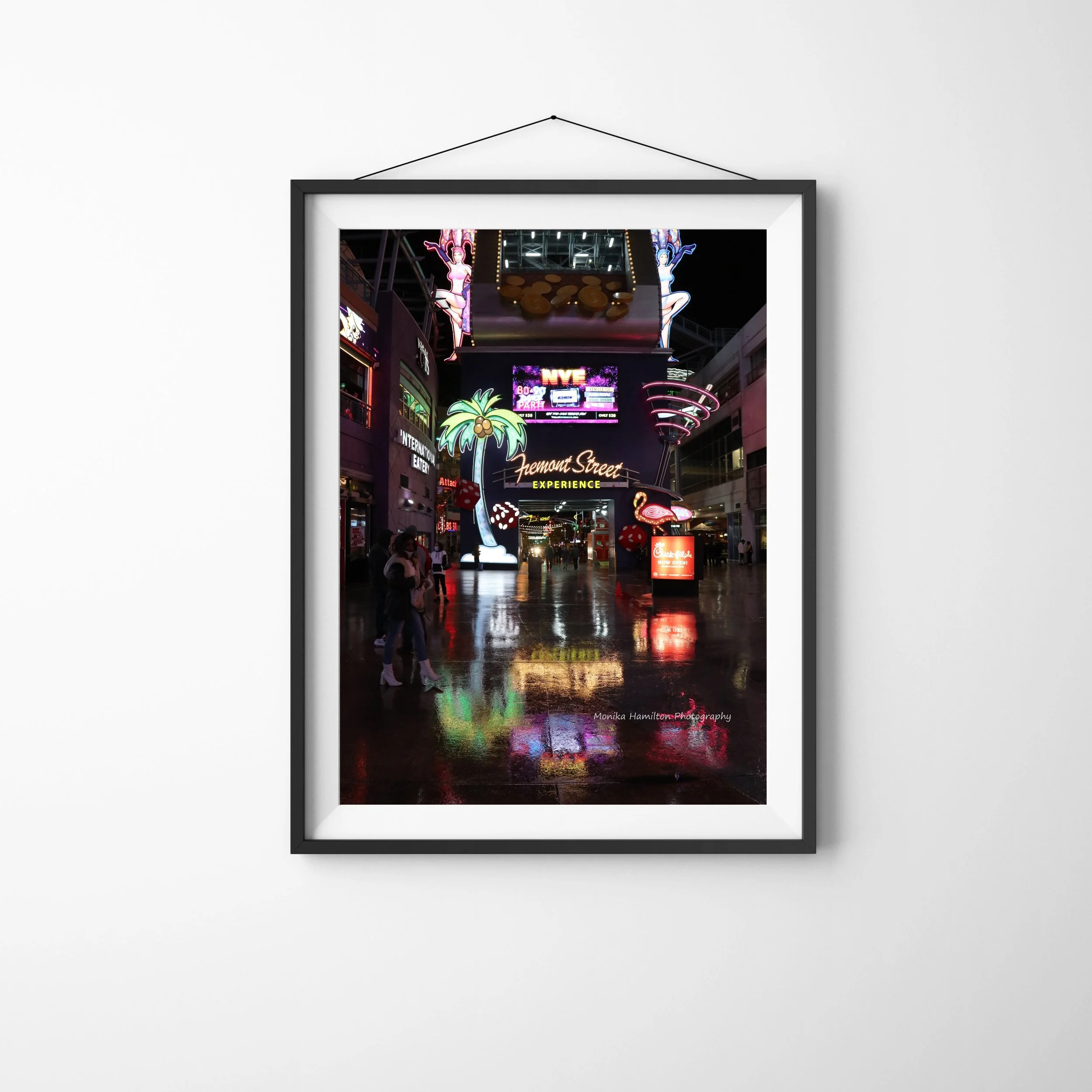 Fremont Street Reflections,  Las Vegas Night Scene - lively, colourful city street scape. Available as a photo or canvas print, in black and white, and as a digital download in separate Etsy listings. Monika Hamilton Photography