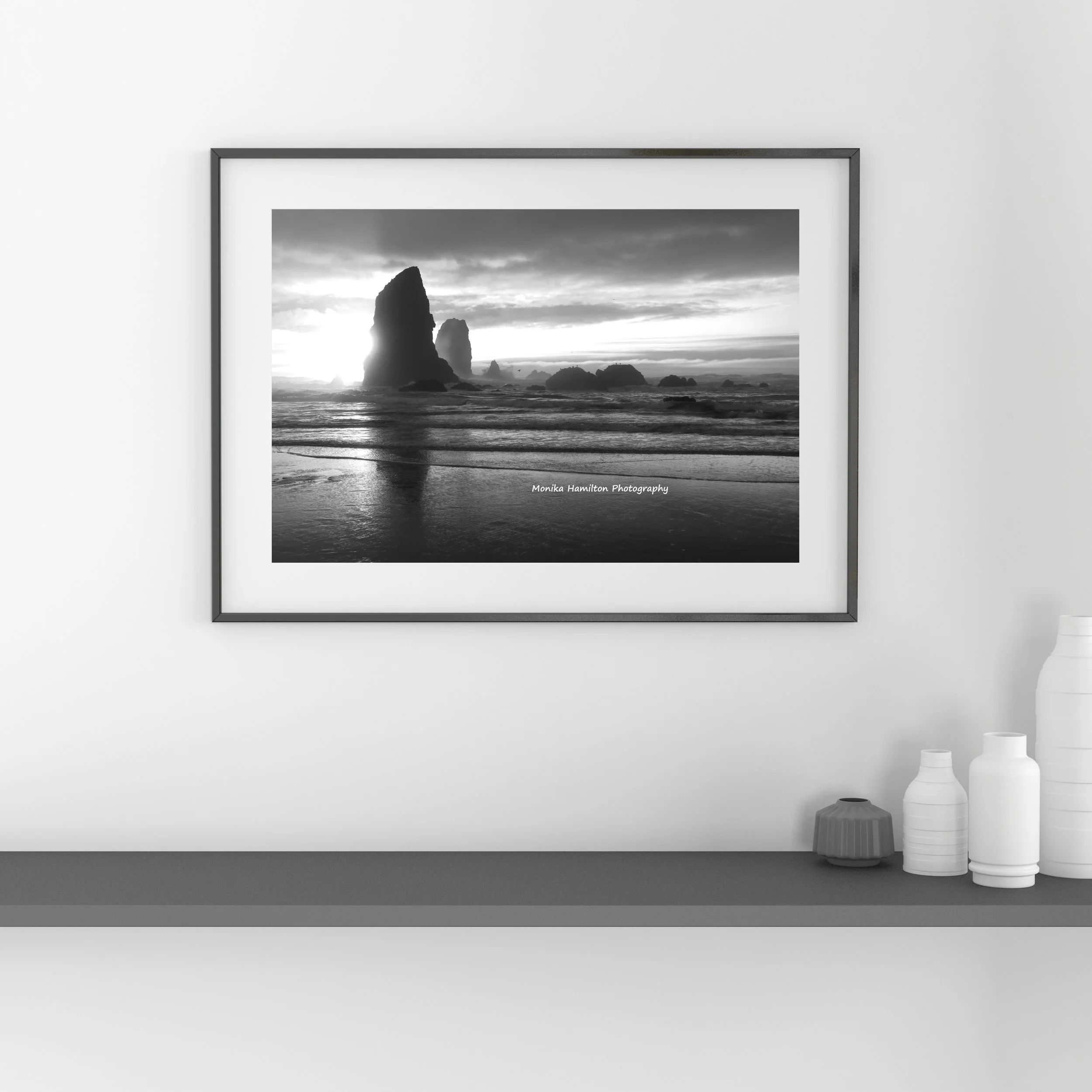 A Cloudy Sunset at Cannon Beach, Oregon Coast - black and white landscape nature photograph of this beautiful place. Monika Hamilton Photography