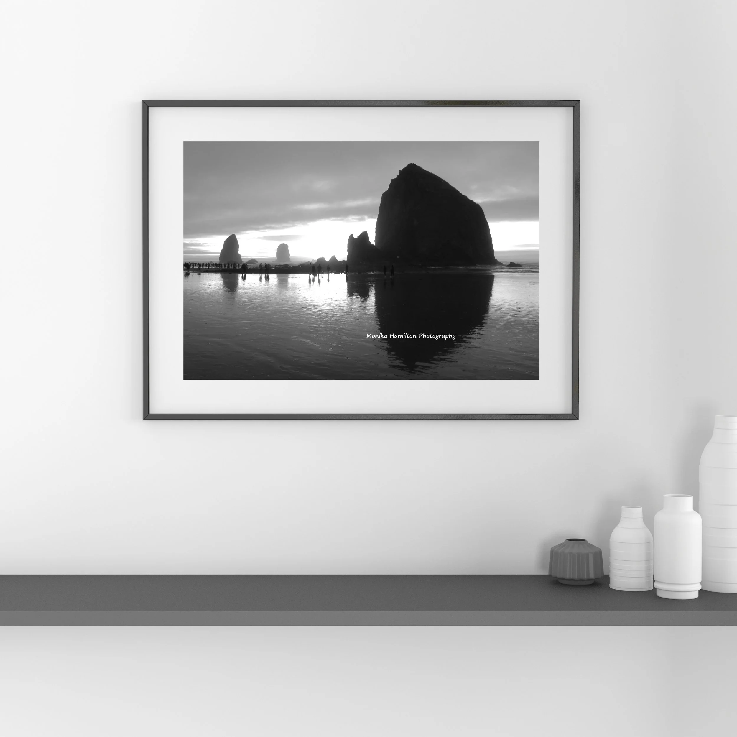 Reflections at Haystack Rock at Cannon Beach, Oregon - available in colour or black and white