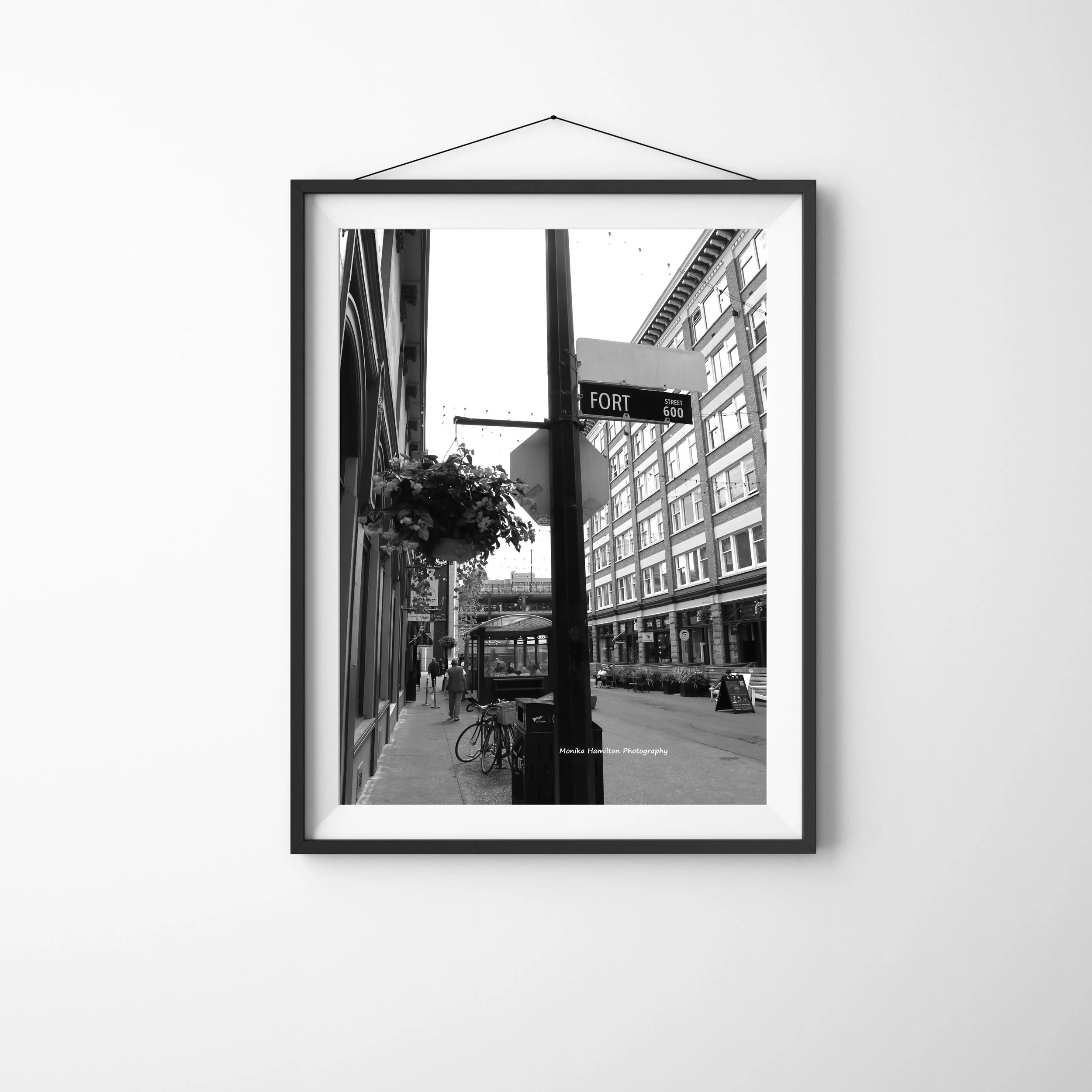 Fort Street, Victoria, City Scene - black and white canvas or photo print of downtown buildings and a street sign. Monika Hamilton Photography