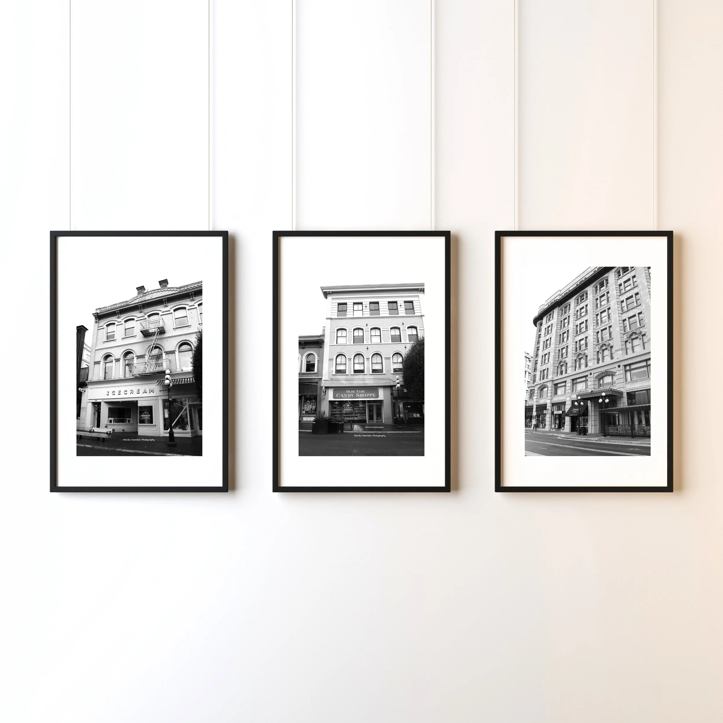 Victoria Cityscape Buildings Print Set - three vertical black and white canvas or photo prints taken in downtown Victoria, BC. Please contact me if you're interested in framed prints. Monika Hamilton Photography