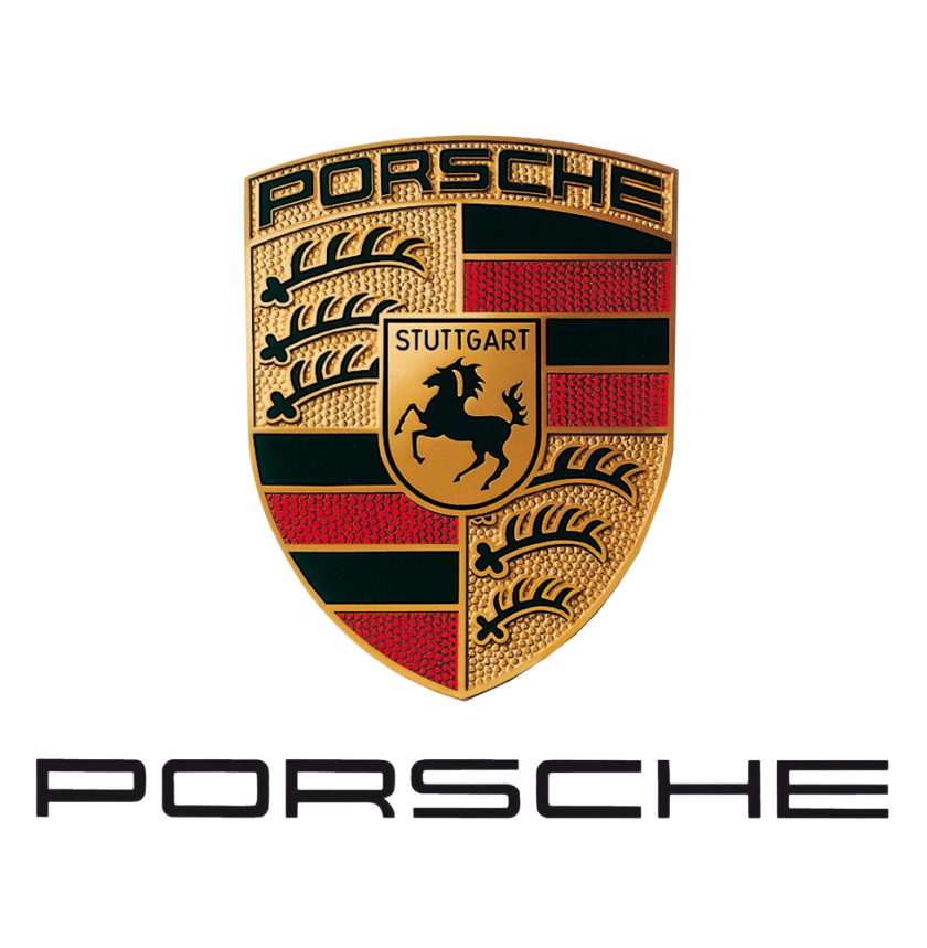 The Porsche logo, a crest with a black horse, red and black stripes, and the word 'Stuttgart' in the center, on a black background.