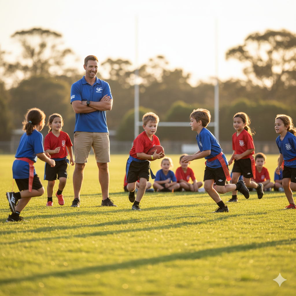 Young children playing flag football on a field during sunset, coach standing and supervising