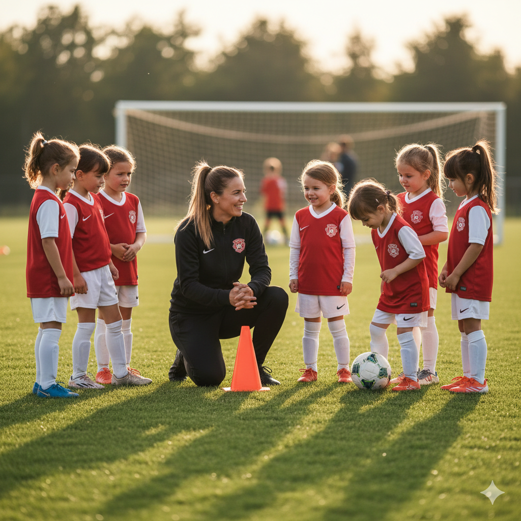 Young female soccer coach kneeling on grass field, talking to young girls in red and white soccer uniforms, with soccer ball and goal in background.