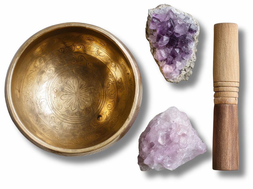 Spiritual tools including a sound bowl, wooden gong, and crystals for ritual use.