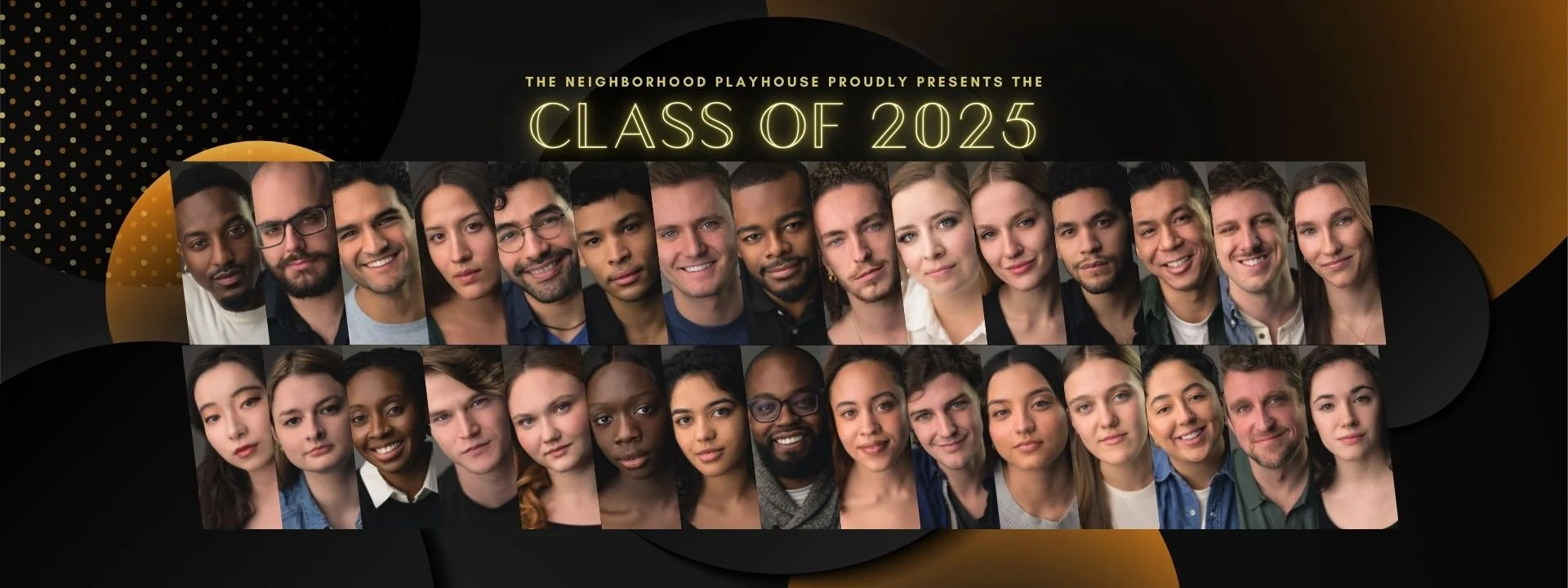 Group photo of diverse students with caption "Class of 2025" on a black and gold abstract background, celebrating high school graduation.
