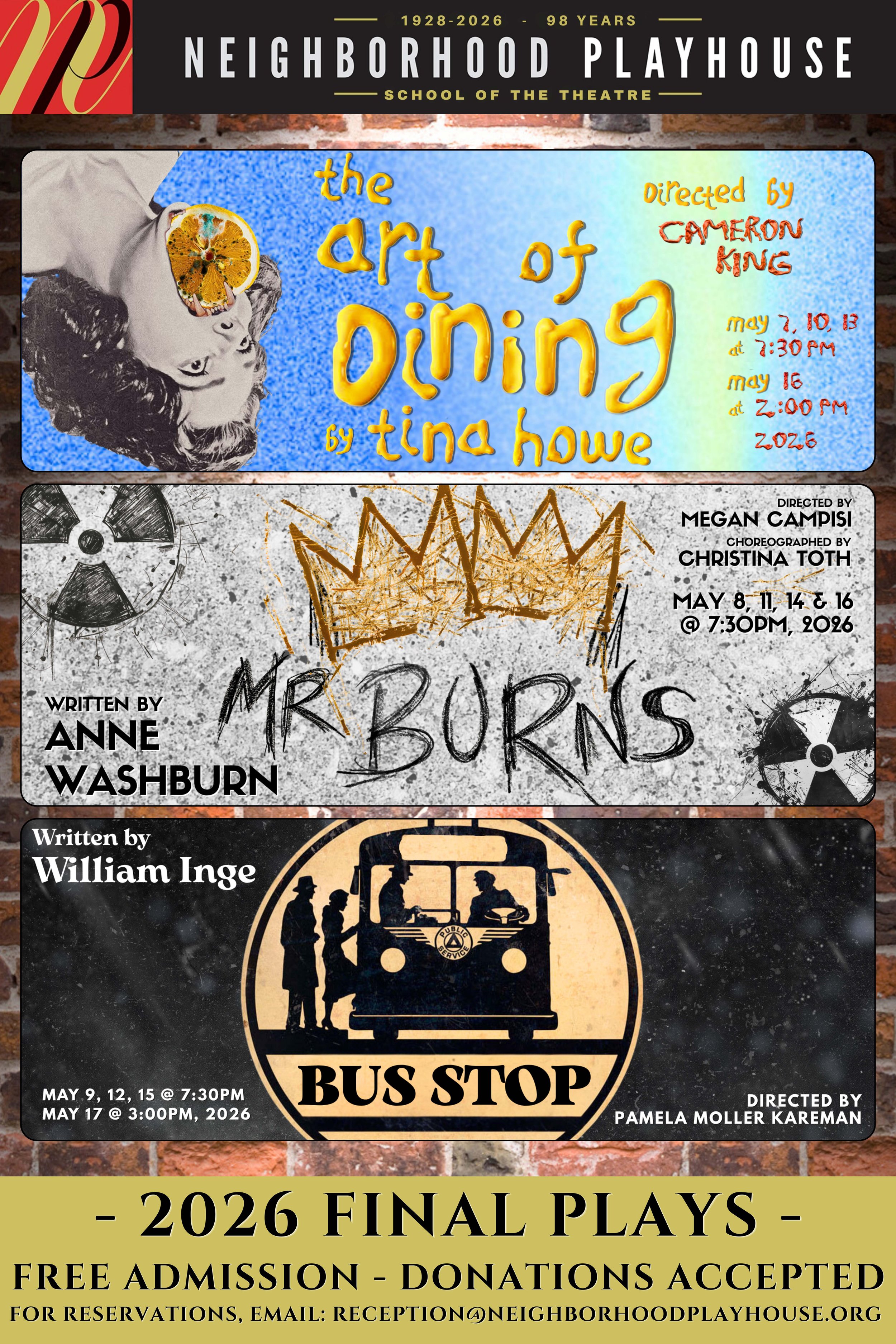 Poster for the ���߲ݴ�ý of the Theatre, featuring three plays: 'The Art of Dining' by Tina Howe, 'Mr. Burns' written by Anne Washburn, and a play with a bus stop theme written by William Inge. The poster includes details about dates, times, and directors for each play, and mentions free admission and donation acceptance for the 2026 final performances.
