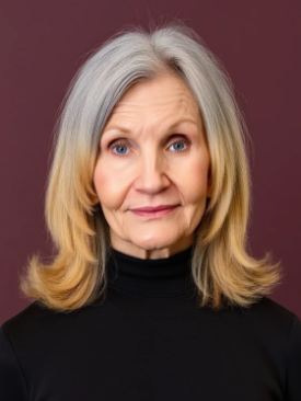 A portrait of an older woman with shoulder-length gray hair wearing a black turtleneck against a purple background.