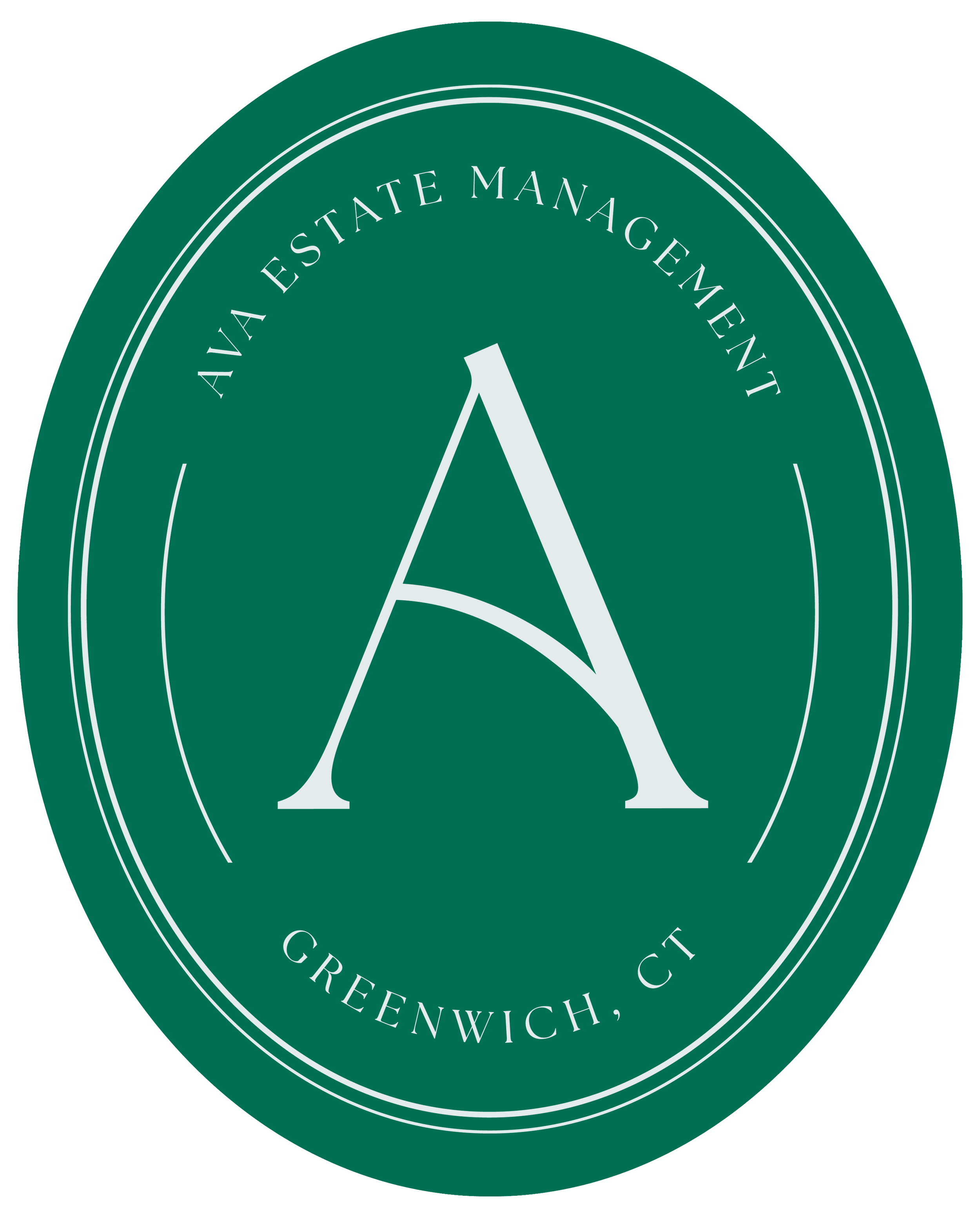 Green oval emblem with a large white letter 'A' in the center, surrounded by the text 'Ava Estate Management' at the top and 'Greenwich, CT' at the bottom.