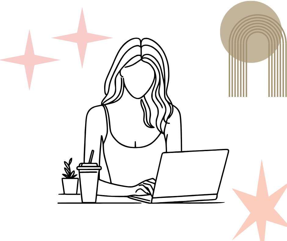 Line drawing of a woman working on a laptop at a desk with a drink and a small potted plant, surrounded by pink star shapes and a gold semi-circular geometric design.
