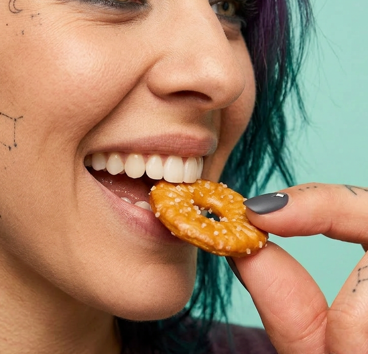 A woman with colorful hair about to bite a small pretzel with salt, smiling showing her teeth.