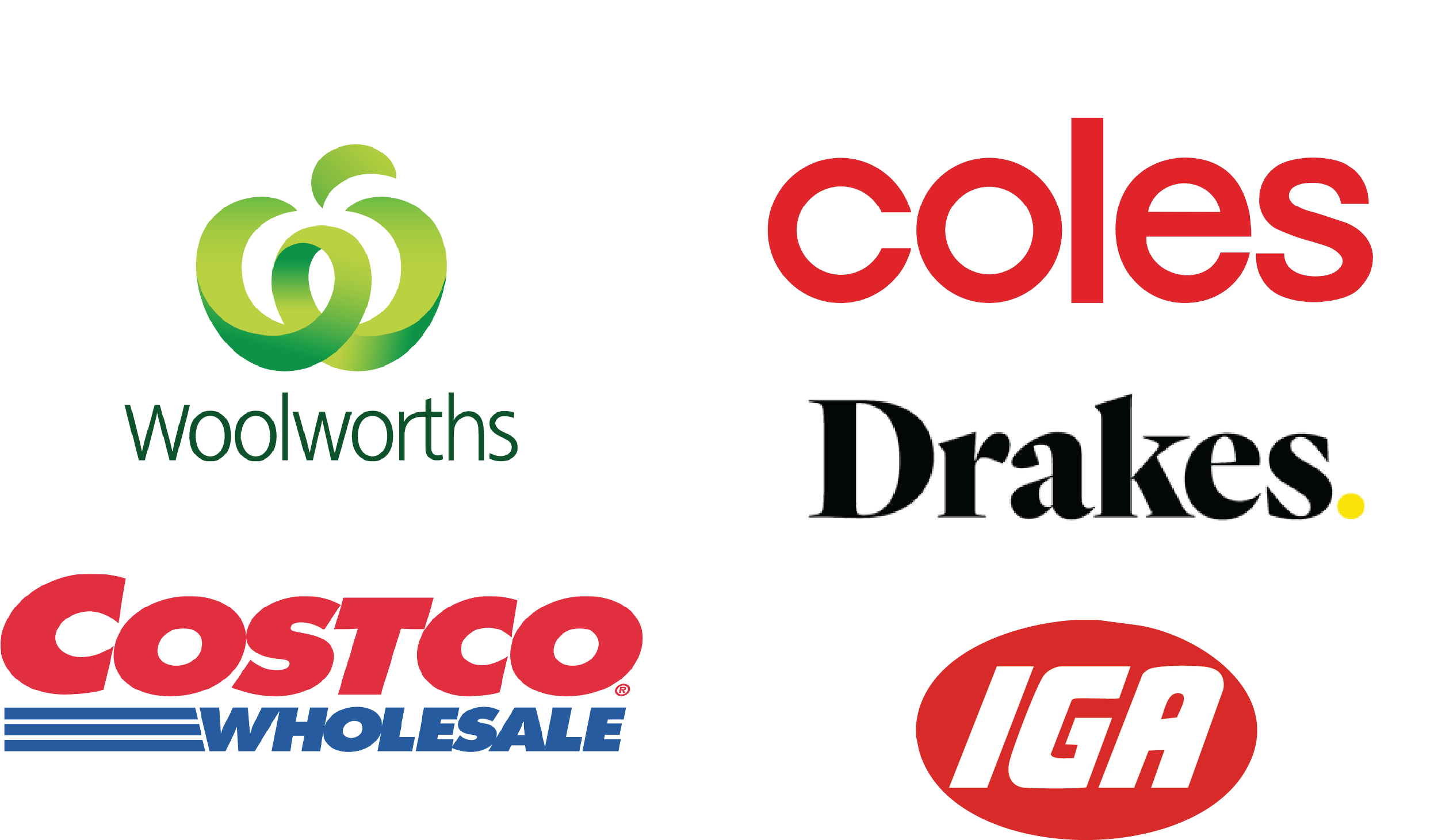 Collection of store logos including Costco Wholesale, Woolworths, Costco, and NEC.