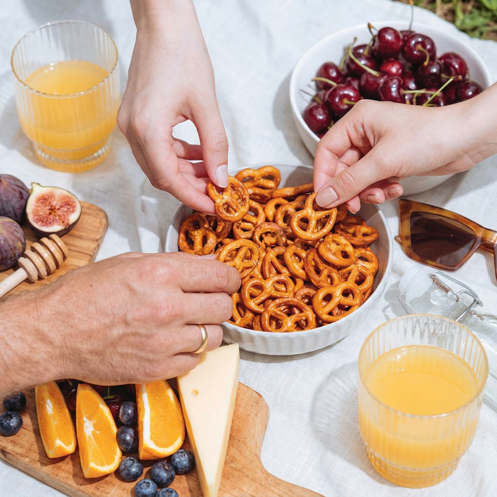 People share pretzels at a snack table with fruit, cheese, orange juice, and sunglasses.