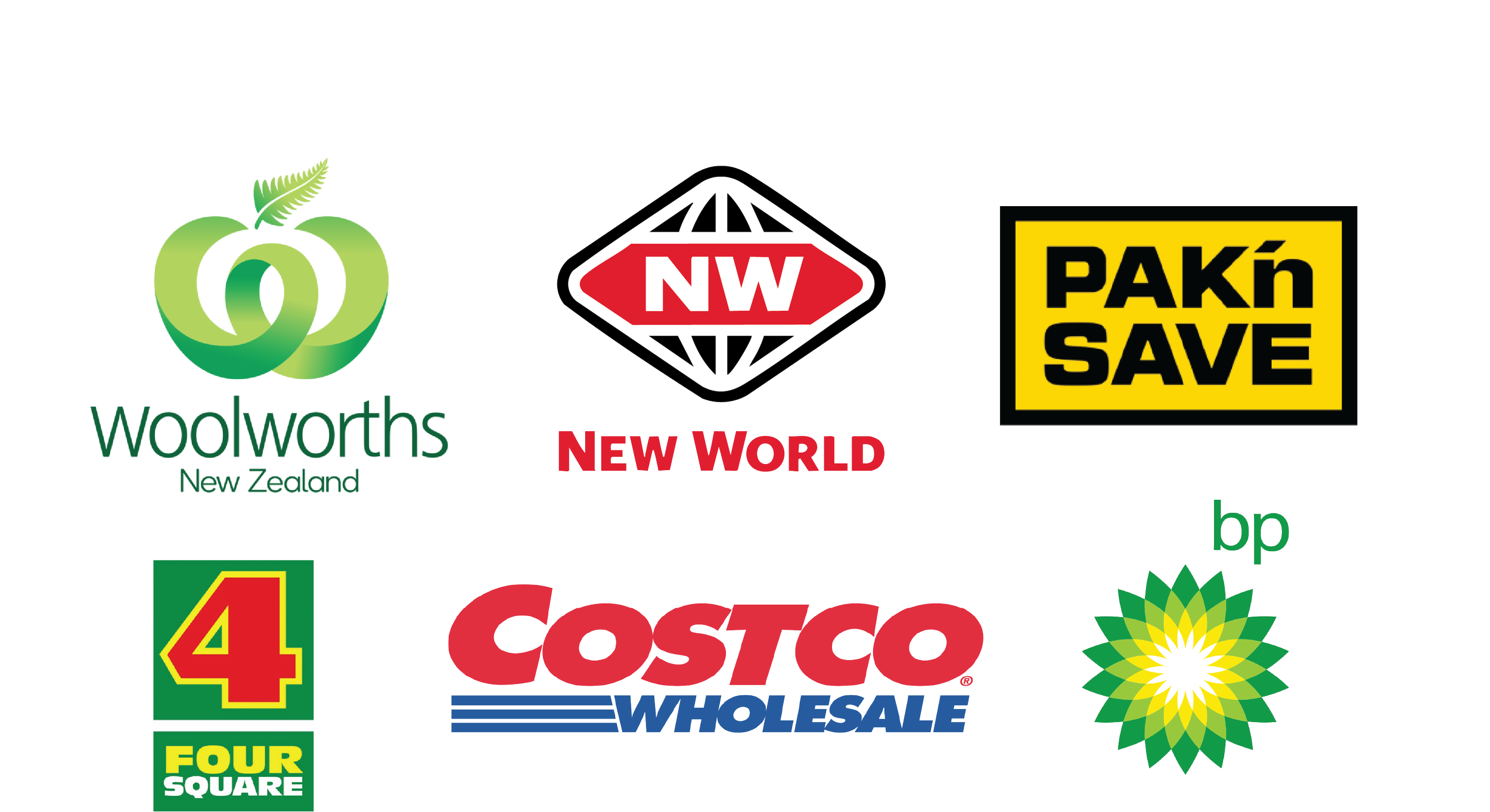 A collage of logos including Woolworths with green apple and leaf, New World, NW in a diamond shape, Pak 'n Save in yellow and black, BP in green and yellow, Costco Wholesale in red and blue, 4 Square with a green square and red number 4, and a green and yellow flower logo.