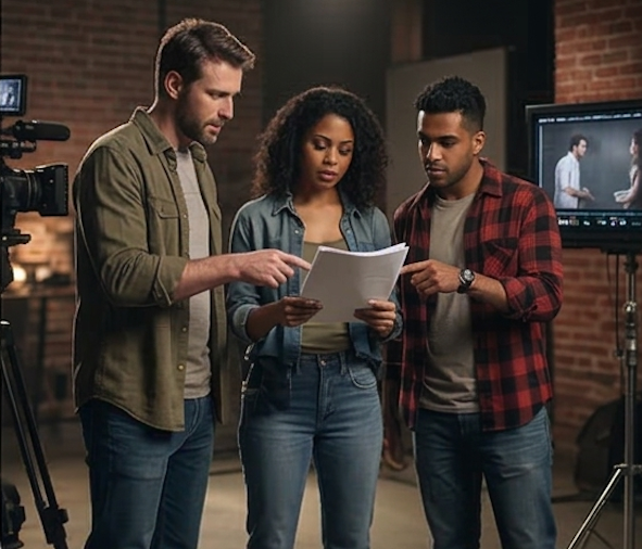 Three young adults reviewing a script on a film set, with professional filming equipment and monitors in the background.
