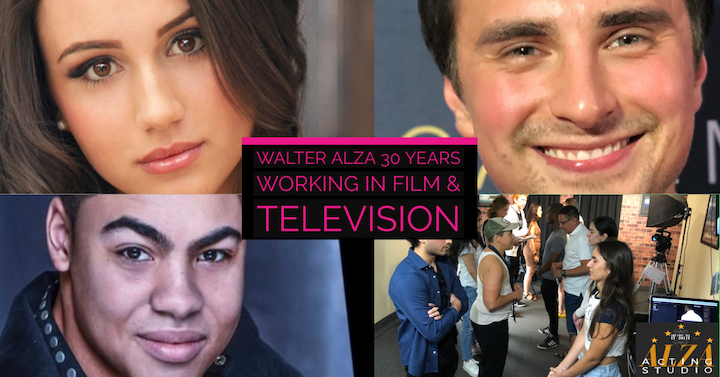 Collage of four images: top left shows a young woman with light makeup and loose hair, top right features a young man smiling, bottom left shows a young man with dark hair, and bottom right depicts a group of people on a film set, including a woman sitting and talking to a crew member near equipment.