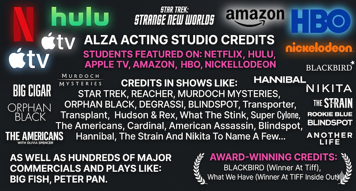 Alza Acting Studio alumni credits — students have appeared on Netflix, Hulu, Apple TV, Amazon, HBO, Nickelodeon, and more