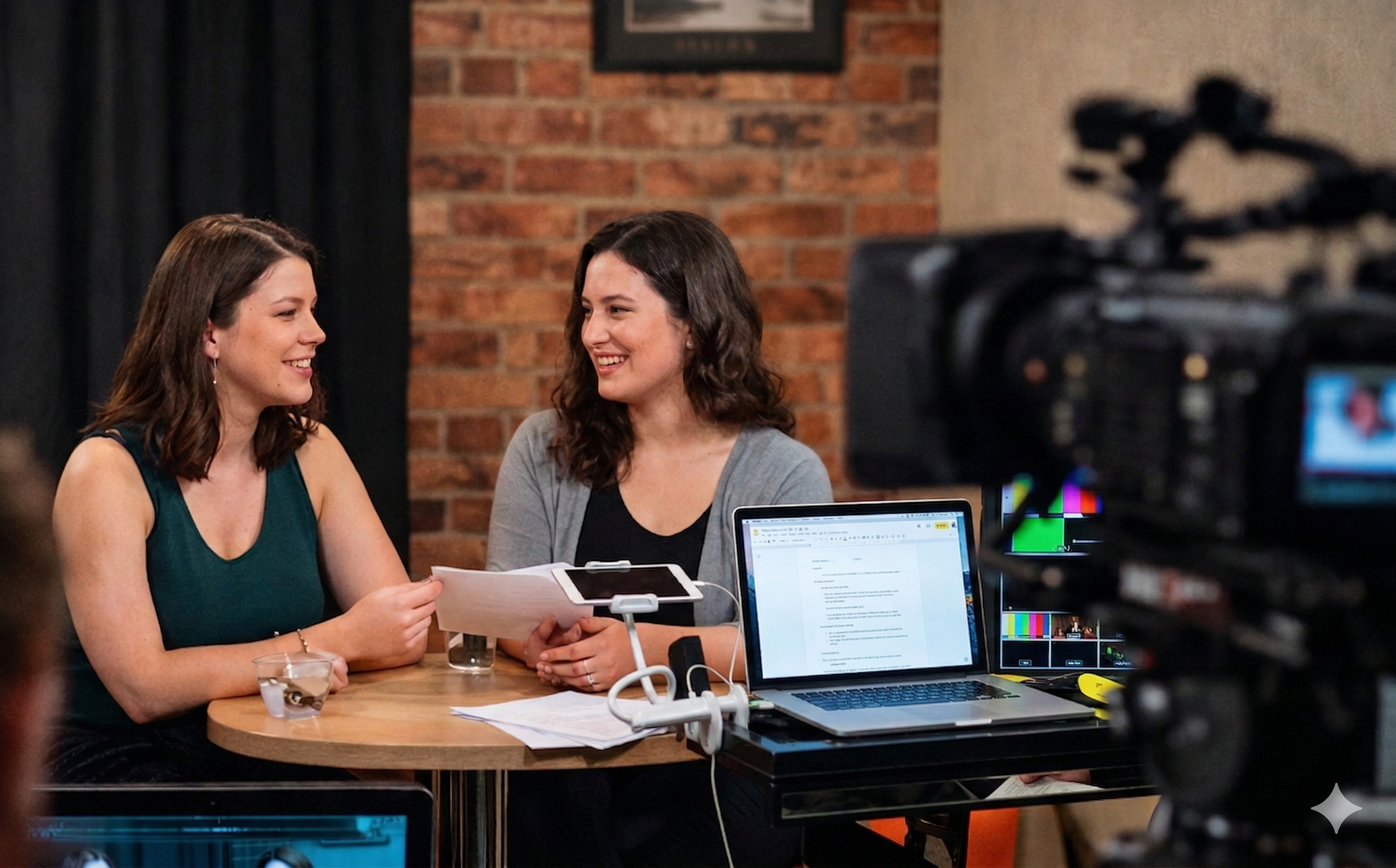 Actor reviewing a script at a laptop during an introductory on-camera acting class