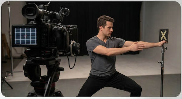 A man in a gray t-shirt stretching in front of a camera on a tripod in a studio setting.