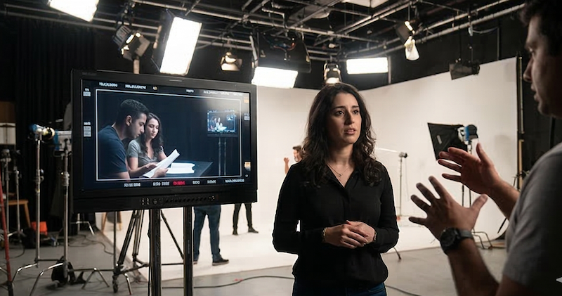 A woman being filmed in a recording studio or TV set, with a monitor showing her image and a person gesturing while talking to her.