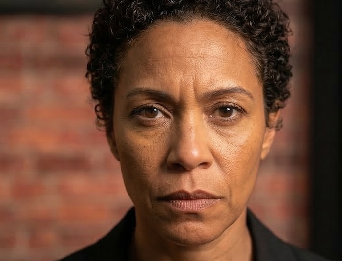 Close-up of a serious woman with short curly hair and a dark blazer, standing in front of a brick wall.