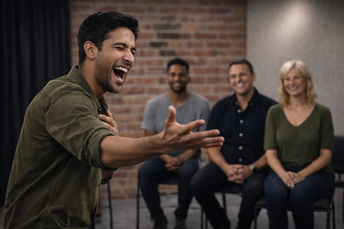 A man laughing and gesturing while three people sit in the background, smiling and watching.