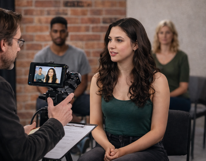 A woman participating in a video interview with a camera operator, with two people in the background.