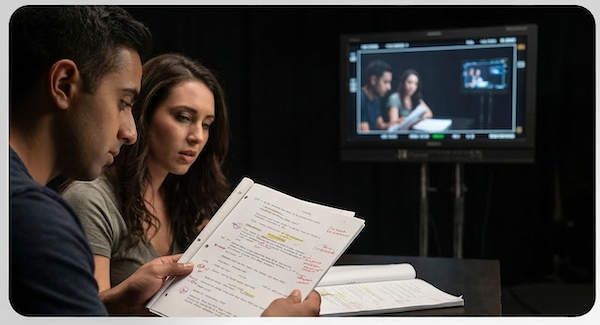 Two people reviewing a script with a monitor in the background displaying a film scene.