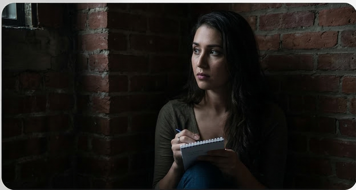 A young woman with dark hair, wearing a green top, sitting against a brick wall, holding a notepad and pen, looking contemplative to the side.