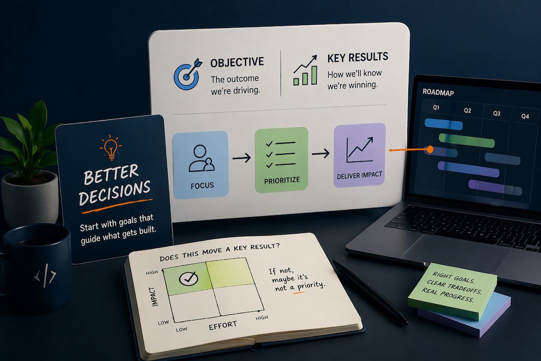 Product leader reviewing OKR planning document at a whiteboard with sticky notes and quarterly goals