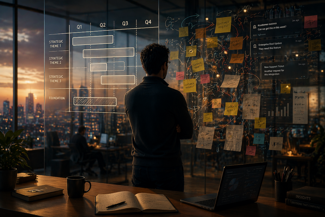 Product leader reviewing a roadmap on a large monitor with sticky notes on a whiteboard in the background