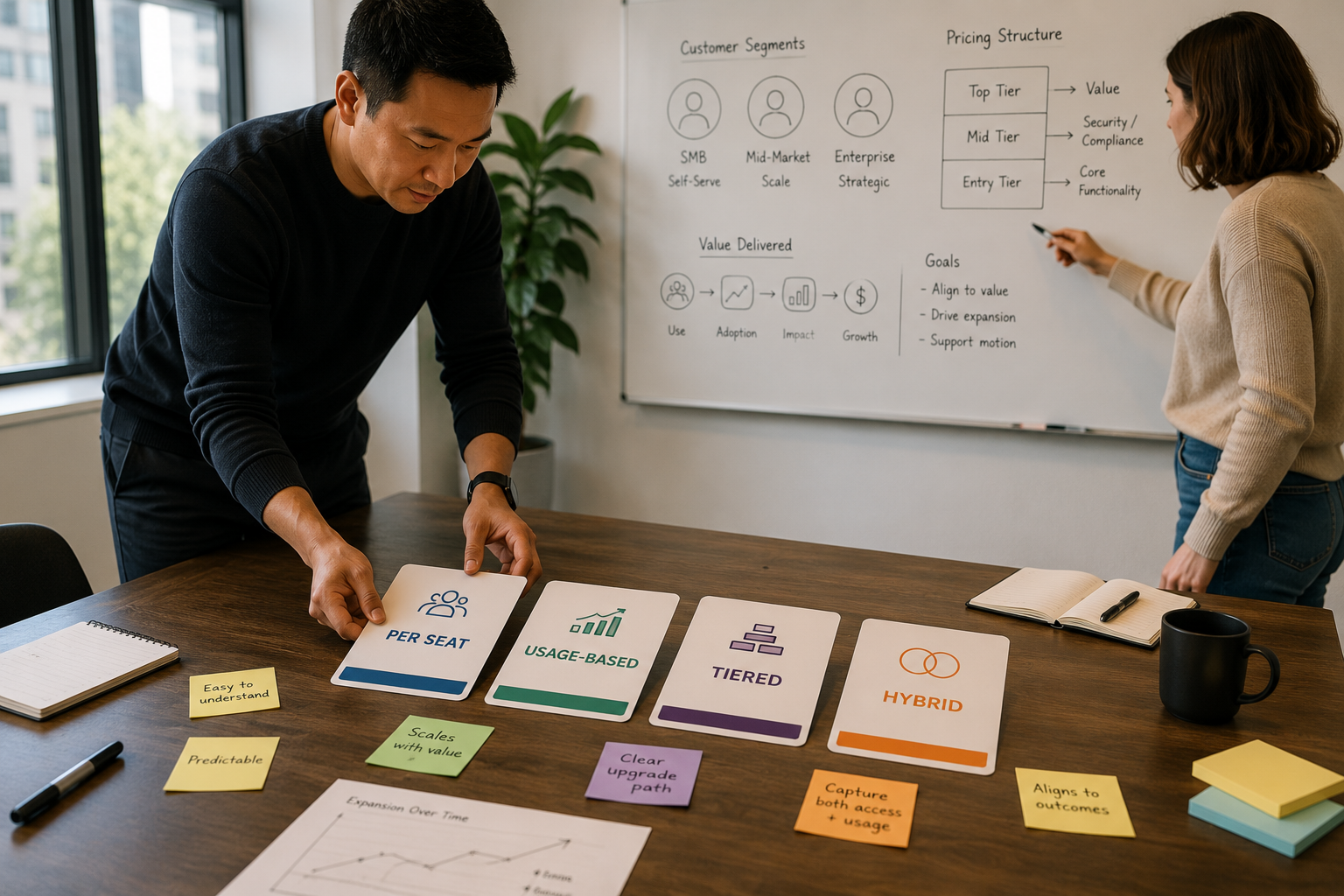 SaaS leadership team evaluating pricing models and value metrics during a product strategy workshop
