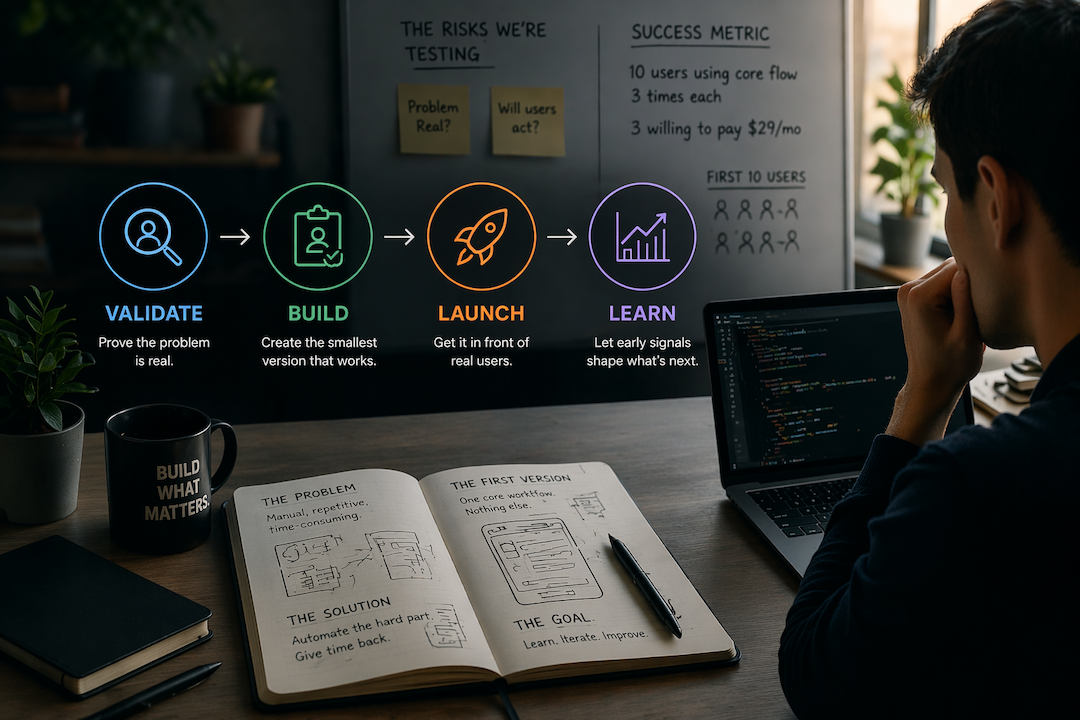 Solo founder working at a laptop with a whiteboard of app wireframes visible in the background