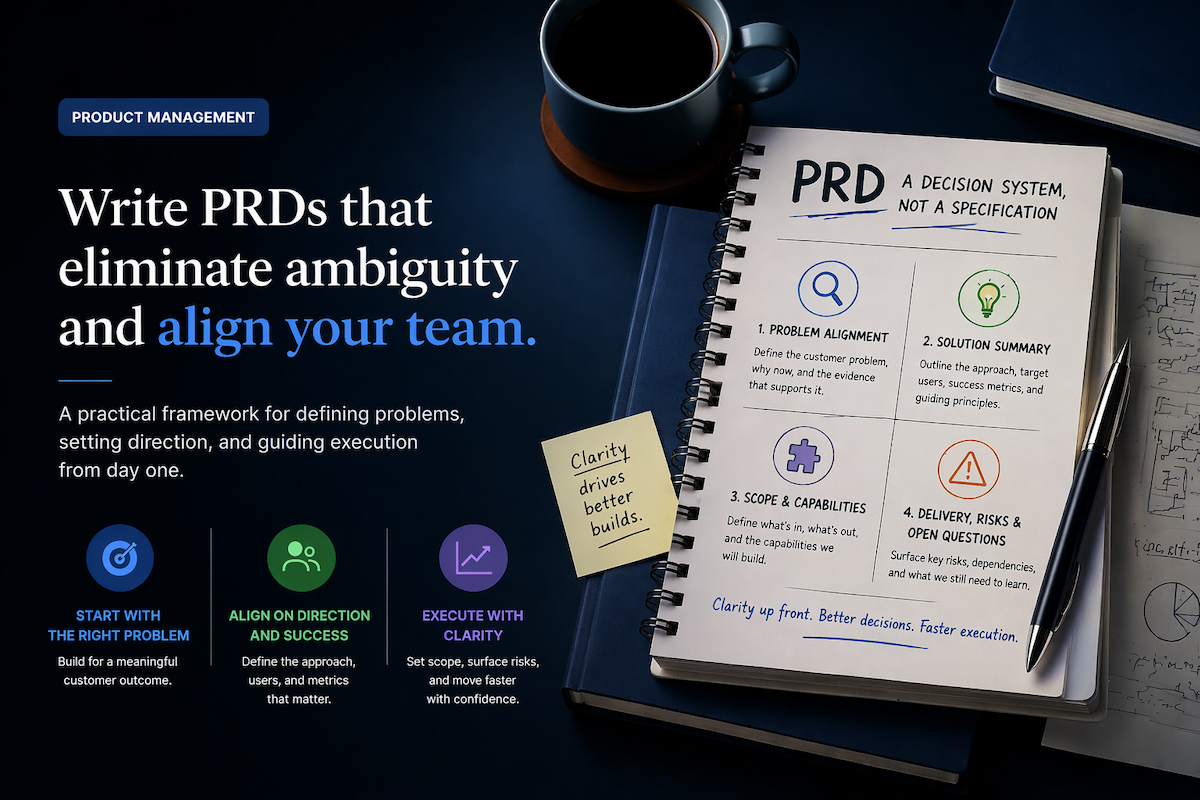 Product manager writing a PRD at a desk with a laptop and whiteboard in the background