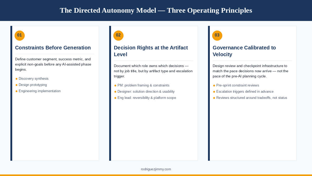 Card grid showing the three operating principles of the Directed Autonomy model