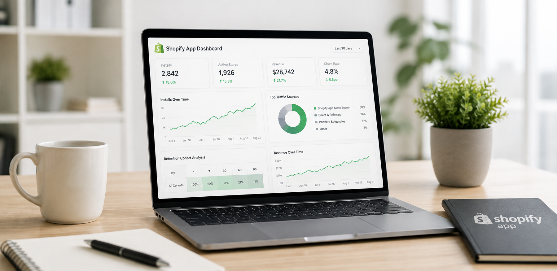 Laptop showing growth metrics for a Shopify App