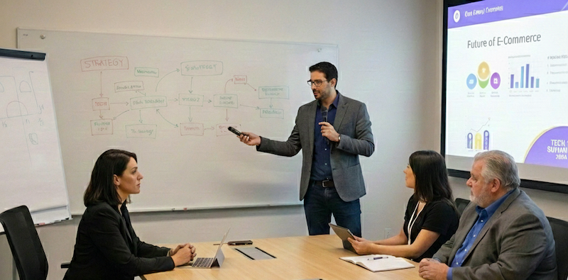 Business meeting with four professionals in a conference room, one man presenting data on a large screen and a whiteboard with diagrams.