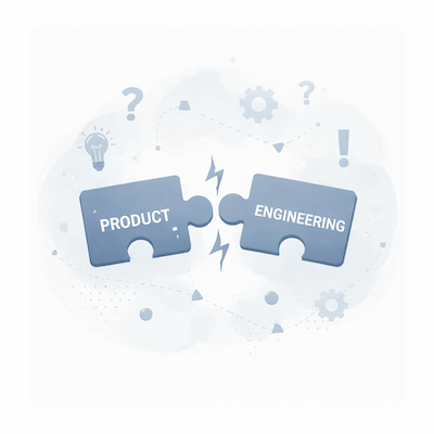 Two puzzle pieces labeled 'Product' and 'Engineering' fitting together with a lightning bolt between them, symbolizing collaboration or integration.