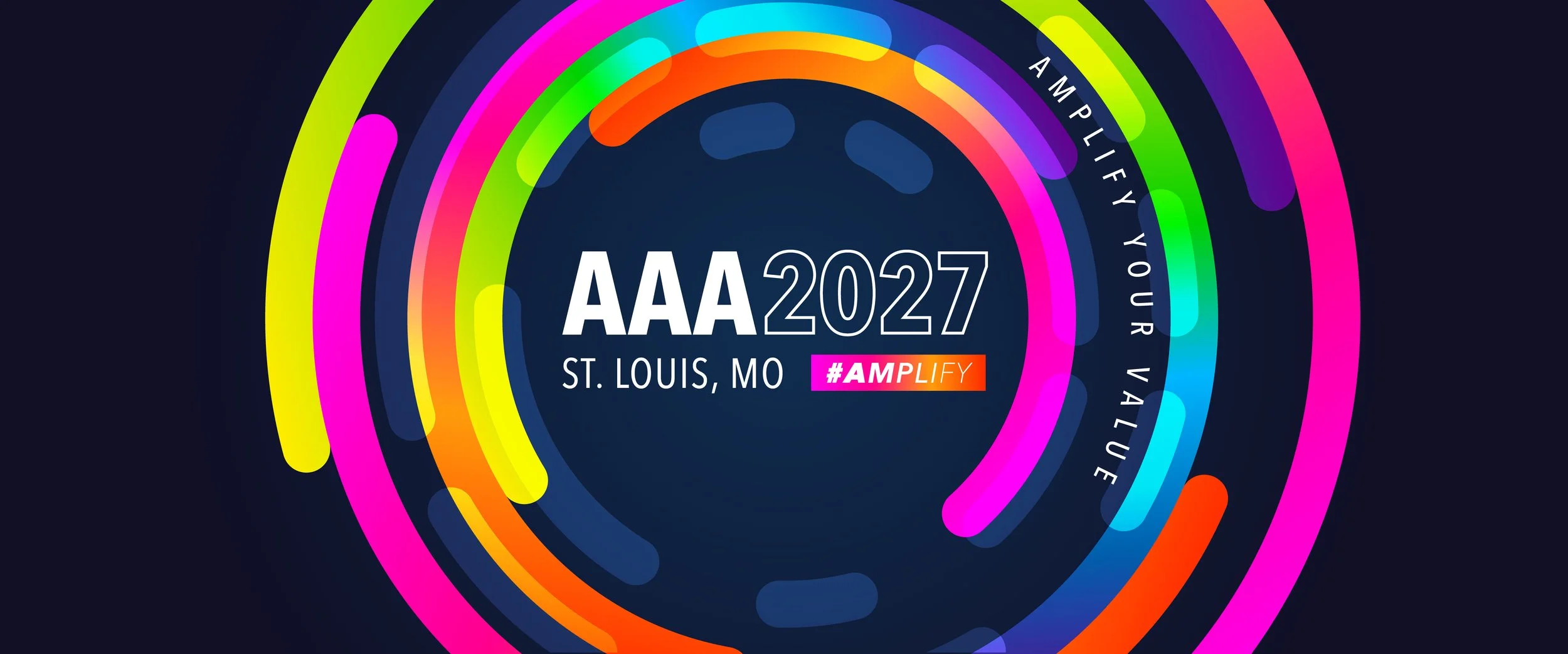 Colorful concentric circles surrounding the text 'AAA 2027, St. Louis, MO, #AMPLIFY' on a dark background.
