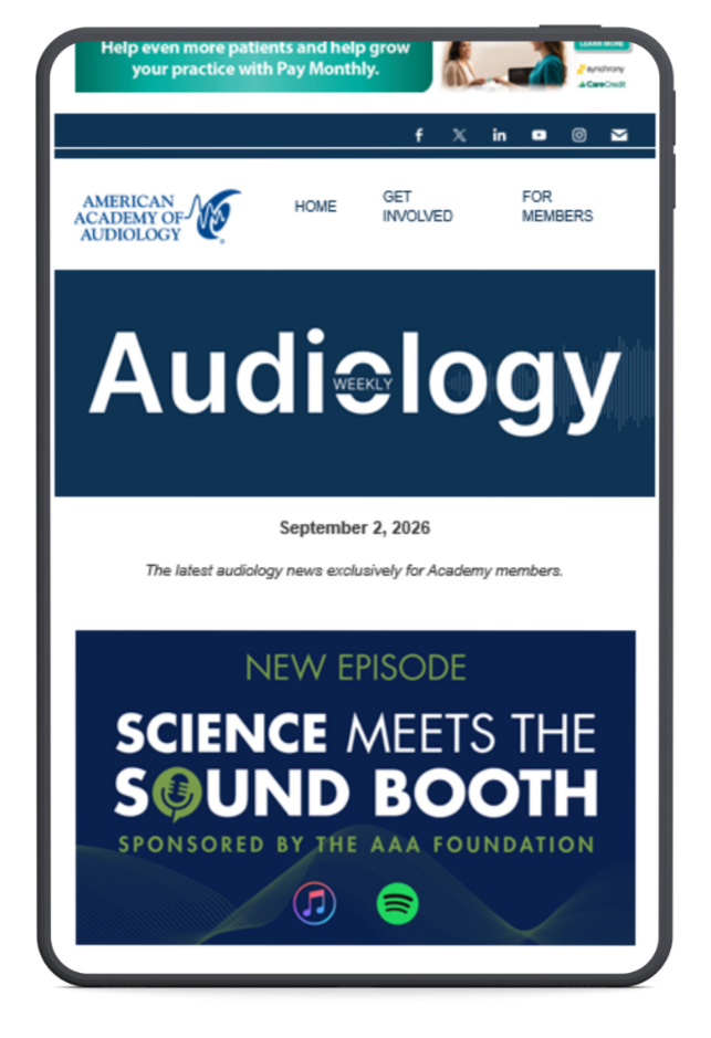 Screenshot of the October 2023 edition of 'Audiology Weekly' newsletter featuring a headline about a new episode titled 'Science Meets the Sound Booth,' sponsored by the AAA Foundation, with icons for music and streaming services at the bottom.