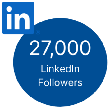 LinkedIn logo next to a blue circle displaying 27,000 LinkedIn followers.