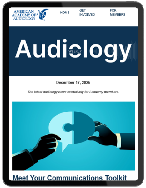 Cover of American Academy of Audiology's weekly newsletter titled 'Audiology Weekly' dated December 17, 2025, featuring an illustration of two hands holding puzzle pieces fitting together.
