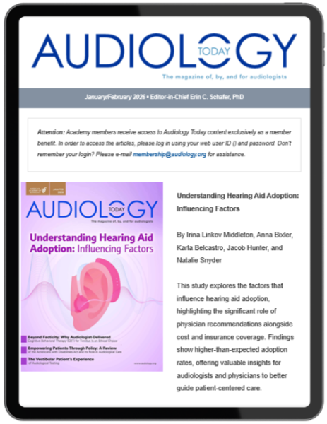 Cover of Audiology Today magazine featuring an article about hearing aid adoption and influencing factors, with a purple and pink graphic of an ear.