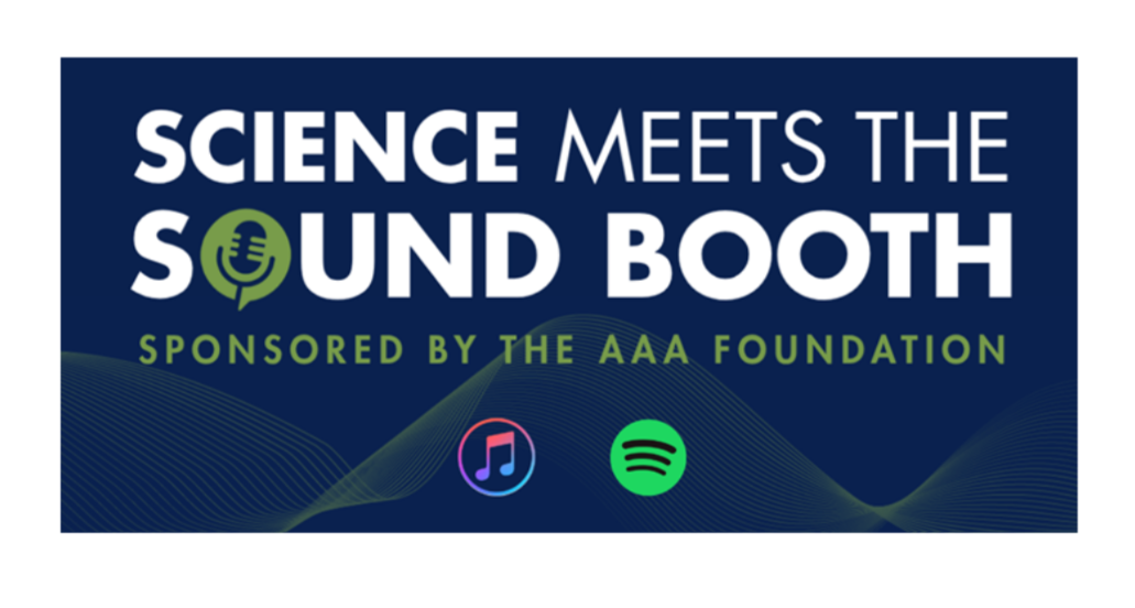 A digital event announcement poster titled 'Science Meets the Sound Booth,' sponsored by the AAA Foundation, featuring icons for Apple Music and Spotify.