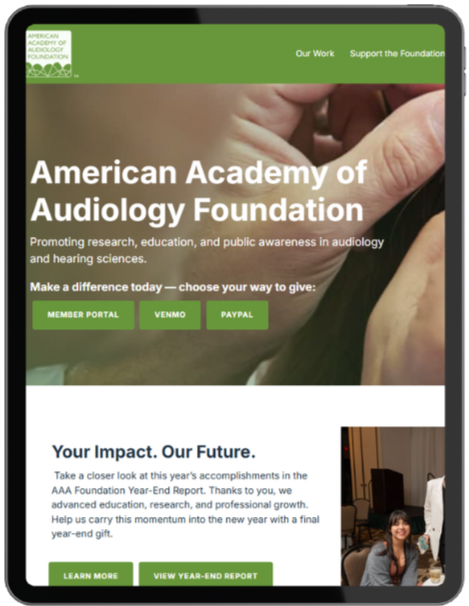 Website homepage of the American Academy of Audiology Foundation, featuring a large image of a person holding an audiology device near their ear.